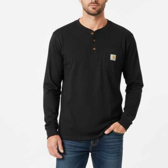 Carhartt Henley T Shirt Mens Sz Large Black Logo Pocket Casual Outdoor Workwear - Picture 1 of 9